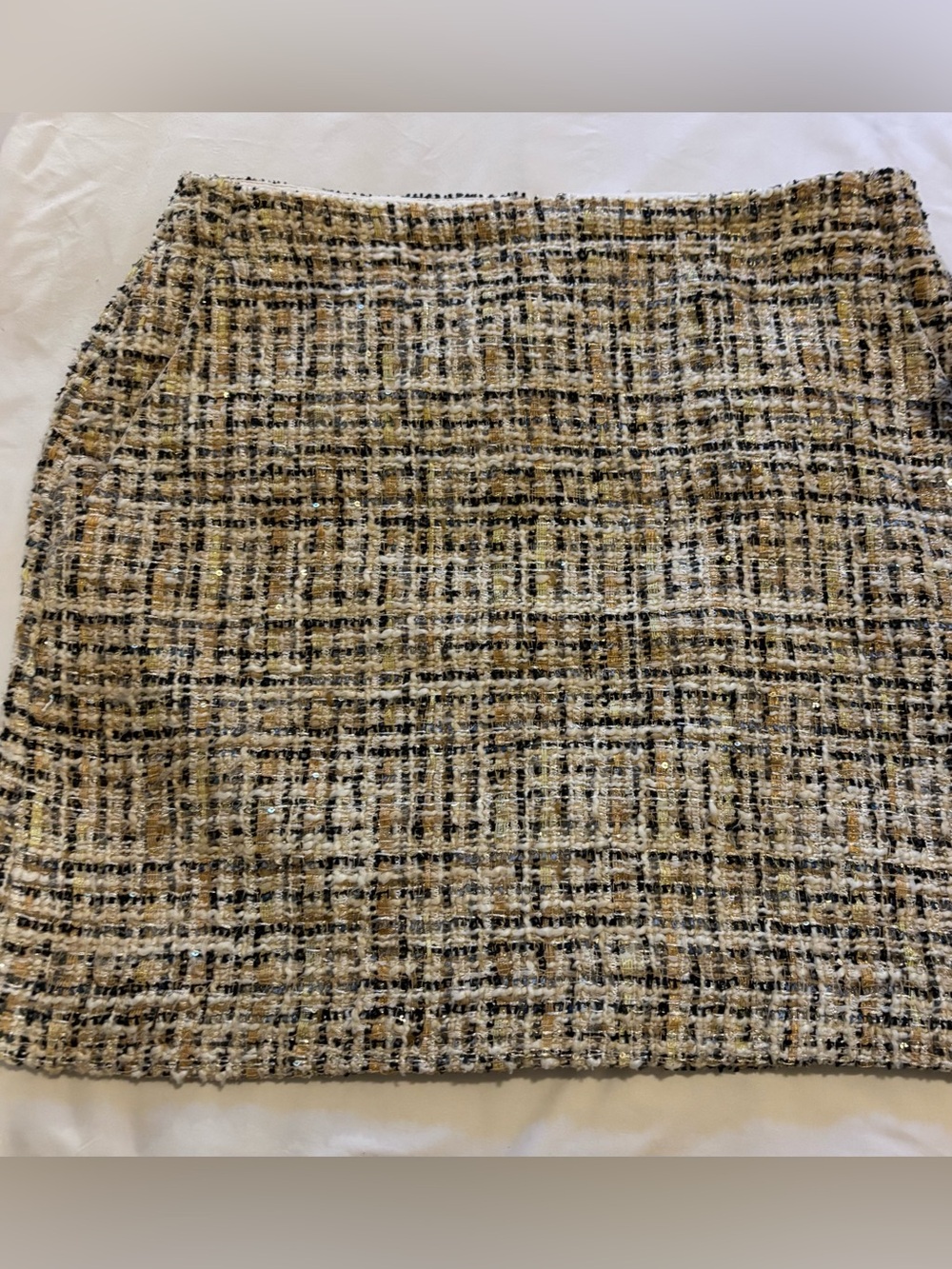 LOFT Tweed Mini Skirt Neutral Bouclé Gold Metallic Shimmer Career Cocktail Sz 6 - Picture 7 of 10